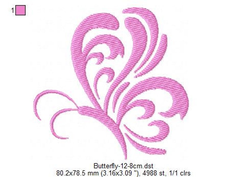 May include: Pink butterfly embroidery design with intricate details. The design is 3.16 inches by 3.09 inches and has 4988 stitches.
