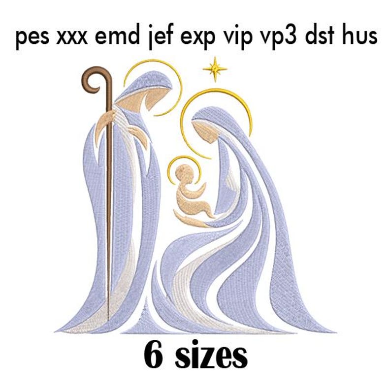 May include: An embroidery design featuring a stylized nativity scene with figures in light blue and cream, gold halos, and a star. The text reads pes xxx emd jef exp vip vp3 dst hus and 6 sizes. The figures include a standing person with a staff.