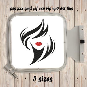 Female Face Machine embroidery design Instant Download Fill Stitch 5 sizes Embroidering fill Female hair Hairstyle Red lips Women&#39;s fashion