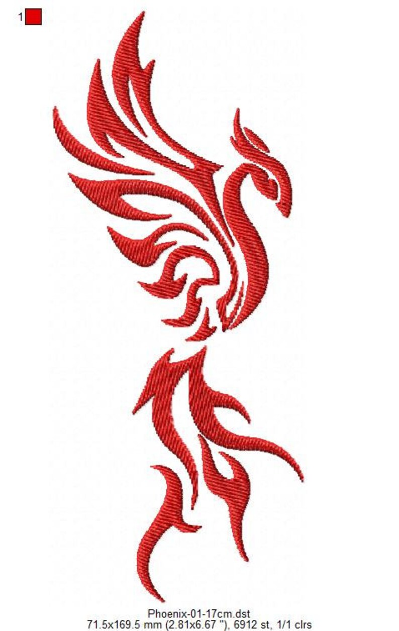 May include: A red machine embroidery design of a stylized phoenix with wings spread upward and a long, flowing tail. The text below reads Phoenix-01-17cm.dst, 71.5x169.5 mm (2.81x6.67 "), 6912 st, 1/1 clrs, with a small red square icon labeled 1.