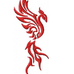 May include: A red machine embroidery design of a stylized phoenix with sweeping wings and a long, flowing tail. The design measures 37.6 by 89.5 mm, or 1.48 by 3.52 inches, and consists of 2509 stitches in a single color, labeled Phoenix-01-9cm.dst.