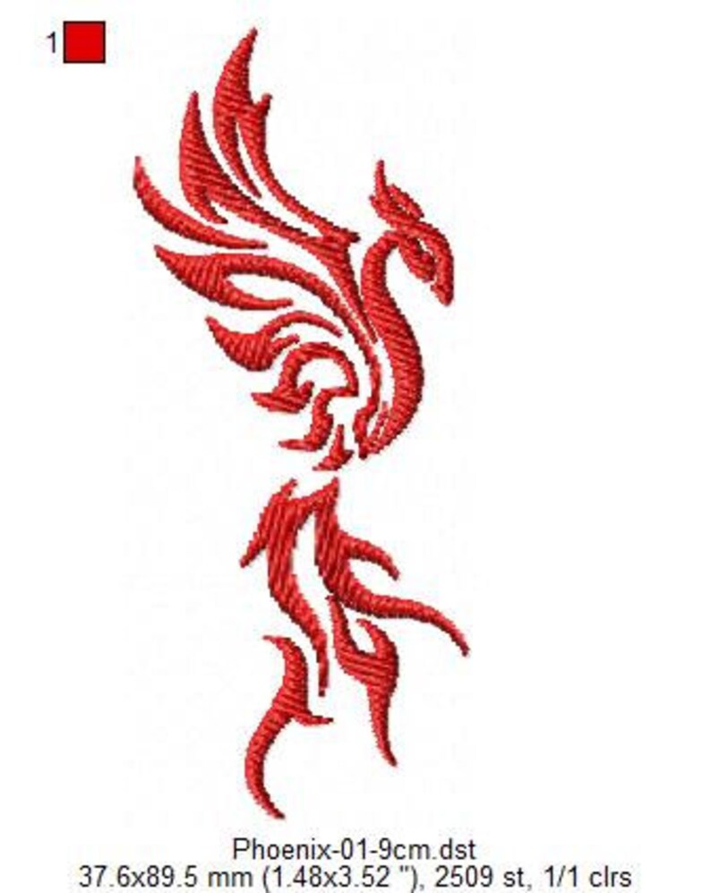May include: A red machine embroidery design of a stylized phoenix with sweeping wings and a long, flowing tail. The design measures 37.6 by 89.5 mm, or 1.48 by 3.52 inches, and consists of 2509 stitches in a single color, labeled Phoenix-01-9cm.dst.