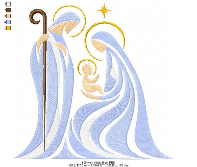 May include: An embroidery design of a nativity scene featuring three figures in light blue and white robes with gold halos and a gold star. One figure holds a brown staff. The text 500-Holy Night-18cm PES 180.3x177.0 mm (7.10x6.97 "), 36229 st, 5/5 clrs is visible.