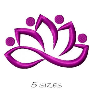 May include: A digitally embroidered design of a lotus flower in shades of purple, with a white background. The design includes the text "5 SIZES" in black script at the bottom.