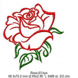 May include: An embroidery design of a rose featuring red outlines for the petals and green outlines for the leaves and stem. The design includes a color key with green and red squares, and text indicating dimensions of 2.69 by 2.96 inches.