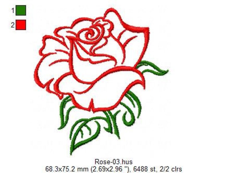 May include: An embroidery design of a rose featuring red outlines for the petals and green outlines for the leaves and stem. The design includes a color key with green and red squares, and text indicating dimensions of 2.69 by 2.96 inches.