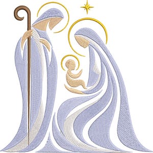 May include: An embroidery design featuring a stylized nativity scene with three figures in flowing light blue robes. A tall figure holds a brown staff, while another figure cradles a small infant. Each figure has a golden halo, and a golden star shines above.