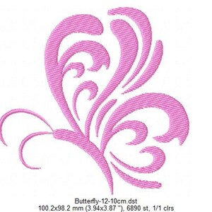 May include: Pink butterfly embroidery design with intricate details. The design is 3.94 inches by 3.87 inches and has 6890 stitches.