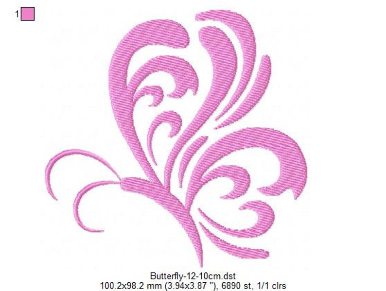 May include: Pink butterfly embroidery design with intricate details. The design is 3.94 inches by 3.87 inches and has 6890 stitches.
