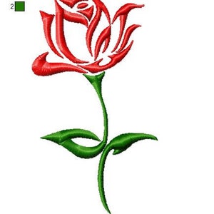 Puede incluir: Un dise&ntilde;o de bordado de rosa estilizada en rojo y verde. La rosa est&aacute; delineada en rojo y el tallo y las hojas son verdes.