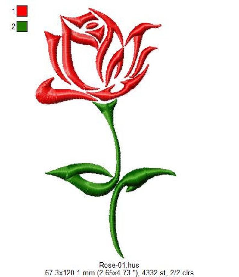 Puede incluir: Un dise&ntilde;o de bordado de rosa estilizada en rojo y verde. La rosa est&aacute; delineada en rojo y el tallo y las hojas son verdes.