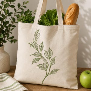 Diseño de bordado a máquina con hojas y ramas, silueta de hoja verde, contorno, jardín de verano, descarga instantánea, boceto monocromático.