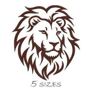 May include: A brown line art illustration of a lion's head with a mane. The image includes the text "5 SIZES".