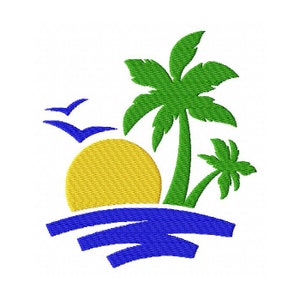 Tropical island, Machine Embroidery Design, Silhouette, Outline, Seagulls, Palm trees, Ocean wave, Sun, Ocean, Summer, Instant Download