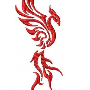 May include: A red machine embroidery design of a stylized phoenix with wings spread upward and a long, flowing tail. The design measures 1.81 by 4.31 inches, consists of 3362 stitches, and uses one color. The file name is Phoenix-01-11cm.dst.