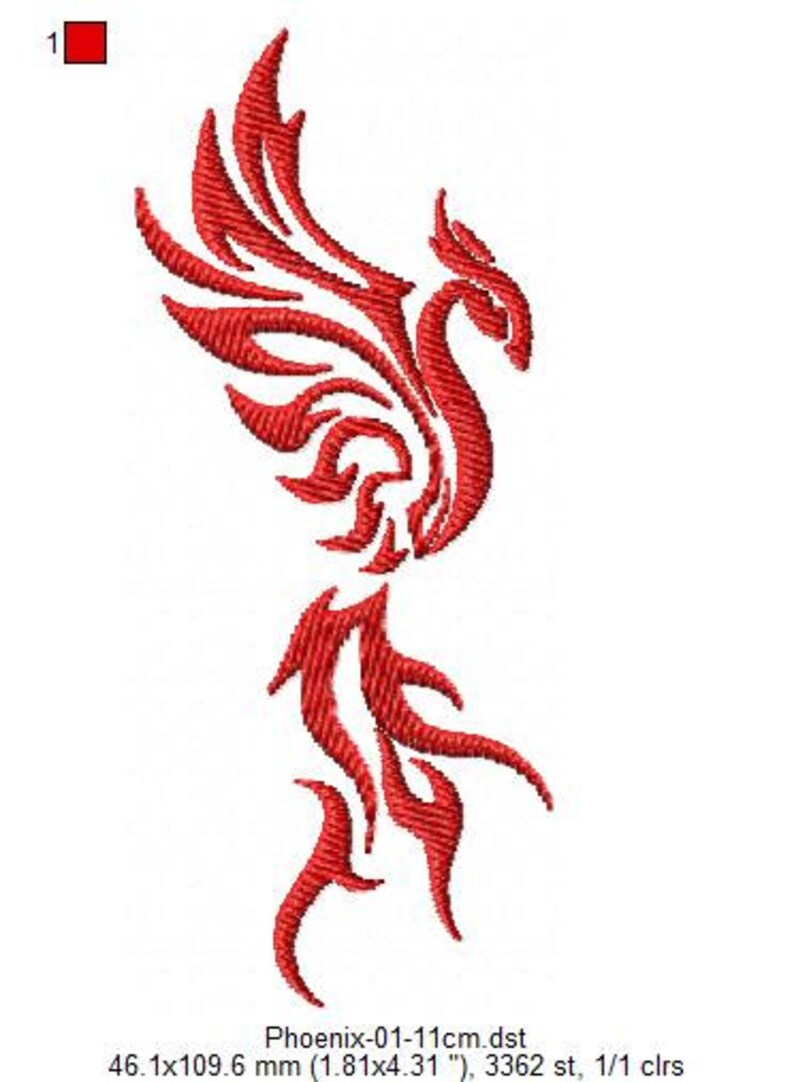 May include: A red machine embroidery design of a stylized phoenix with wings spread upward and a long, flowing tail. The design measures 1.81 by 4.31 inches, consists of 3362 stitches, and uses one color. The file name is Phoenix-01-11cm.dst.