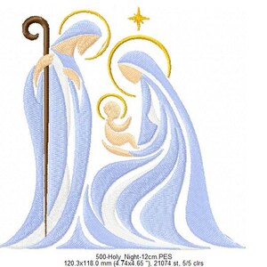 May include: An embroidery design of a nativity scene featuring three figures in light blue robes with gold halos and a star. A brown staff is held by one figure. The design includes a color chart with five numbered squares and text 500-Holy_Night-12cm.PES.