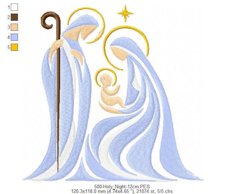 May include: An embroidery design of a nativity scene featuring three figures in light blue robes with gold halos and a star. A brown staff is held by one figure. The design includes a color chart with five numbered squares and text 500-Holy_Night-12cm.PES.