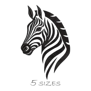 May include: Black and white embroidered zebra head design. The zebra's head is in profile, showcasing its distinctive striped pattern. The text "5 SIZES" is written in a handwritten font below the zebra.