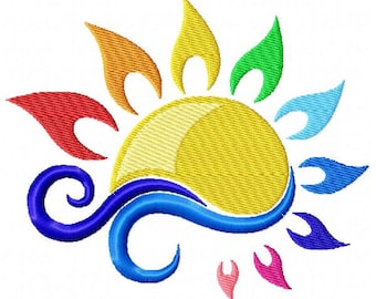 Color sun Machine Embroidery Design Silhouette Outline Sunrise Rainbow Ocean Sunray Summer Blue wave Sunbream Instant Download