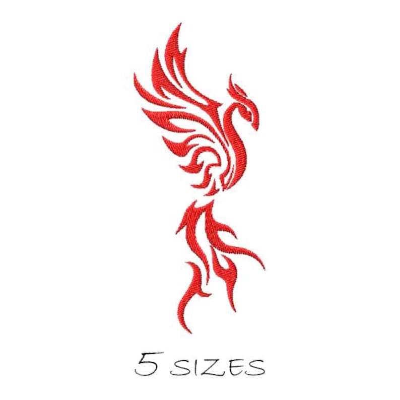 May include: A red embroidered phoenix design featuring stylized wings and a flowing tail. The mythical bird is depicted in a tribal-inspired pattern with sharp, pointed edges. Below the embroidery, the text 5 SIZES is clearly visible.