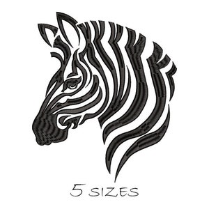 May include: Black and white line art illustration of a zebra head. The zebra's stripes are detailed and intricate. The image is suitable for embroidery or other crafting projects.