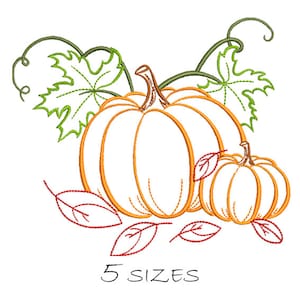 May include: Embroidered design of two pumpkins with leaves and vines. The larger pumpkin is orange and the smaller pumpkin is yellow. The design includes the text "5 SIZES".