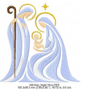 May include: An embroidery design of a nativity scene featuring three figures in light blue and cream robes with gold halos and a star. A brown staff is held by one figure. The design includes a color key and text reading 500-Holy Night-10cm.PES 100.3x98.5 mm.