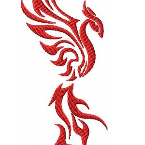 May include: A red machine embroidery design of a stylized phoenix with sweeping wings and a long, flame-like tail. The design is labeled Phoenix-01-15cm.dst and measures 2.48 inches by 5.89 inches, consisting of 5446 stitches in one single color.