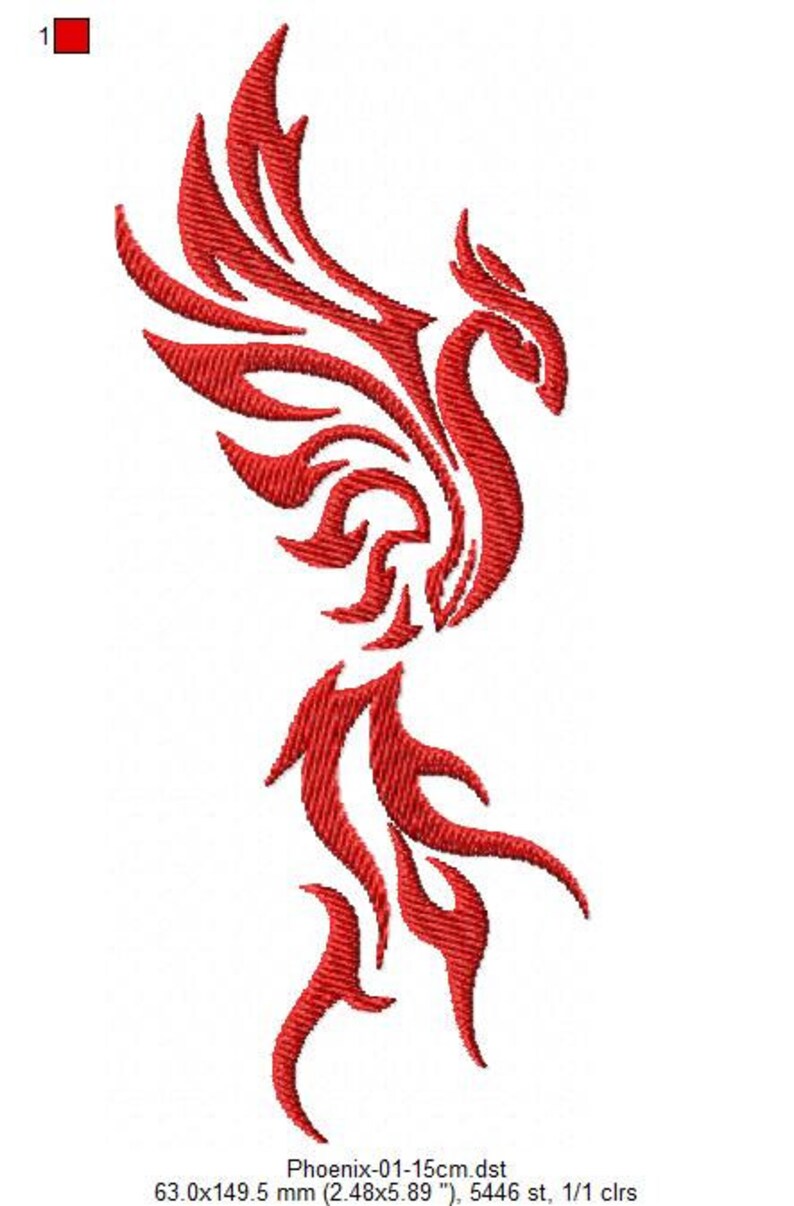 May include: A red machine embroidery design of a stylized phoenix with sweeping wings and a long, flame-like tail. The design is labeled Phoenix-01-15cm.dst and measures 2.48 inches by 5.89 inches, consisting of 5446 stitches in one single color.
