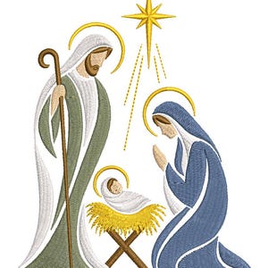 May include: An embroidery design of a nativity scene featuring a figure in a green robe holding a brown staff, a figure in a blue robe kneeling, and a baby in a white swaddle resting in a yellow manger, all topped by a yellow star.