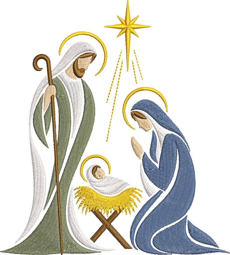 May include: An embroidery design of a nativity scene featuring a figure in a green robe holding a brown staff, a figure in a blue robe kneeling, and a baby in a white swaddle resting in a yellow manger, all topped by a yellow star.