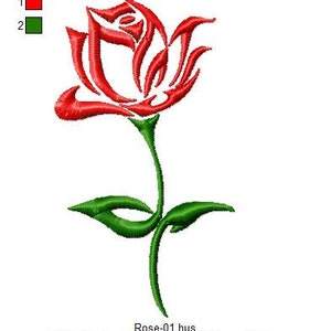 Puede incluir: Dise&ntilde;o de bordado estilizado de una rosa roja y verde con tallo y hojas. El dise&ntilde;o mide 56,1 mm por 100,1 mm y tiene 3638 puntadas.