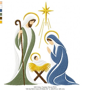 May include: An embroidery design of the Holy Family featuring a figure in a green robe holding a staff, a kneeling figure in a blue robe, and a baby in a yellow manger. A yellow star shines above. Text reads 583-Holy_Family-16cm.PES 144.6x160.0 mm.
