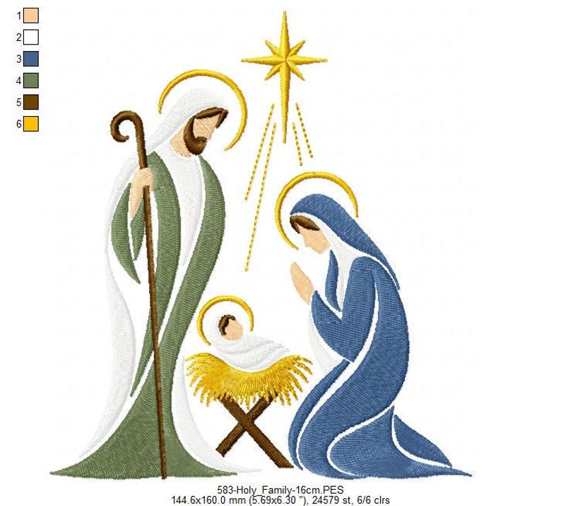 May include: An embroidery design of the Holy Family featuring a figure in a green robe holding a staff, a kneeling figure in a blue robe, and a baby in a yellow manger. A yellow star shines above. Text reads 583-Holy_Family-16cm.PES 144.6x160.0 mm.