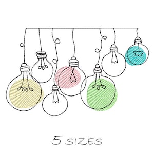 May include: An embroidery design of a string of six light bulbs, each with a different colored fill: yellow, pink, green, blue, and white. The design includes the text "5 SIZES".