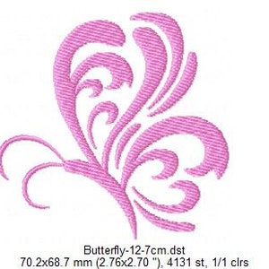 May include: Pink butterfly embroidery design with intricate swirls and curves. The design is 2.76 inches by 2.70 inches and has 4131 stitches.