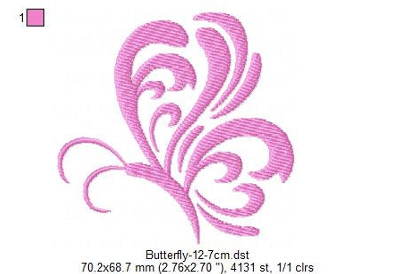May include: Pink butterfly embroidery design with intricate swirls and curves. The design is 2.76 inches by 2.70 inches and has 4131 stitches.