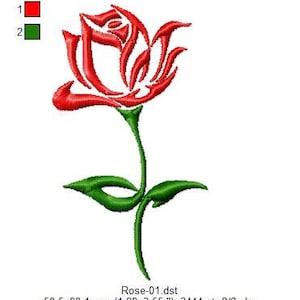 Puede incluir: Una rosa roja con un tallo y hojas verdes. La rosa est&aacute; estilizada con un dise&ntilde;o en espiral. La imagen est&aacute; etiquetada como "Rose-01.dst" e incluye las dimensiones "50,5x90,1 mm (1,99x3,55")", el n&uacute;mero de puntadas "3444 st" y el n&uacute;mero de colores "2/2 clrs".