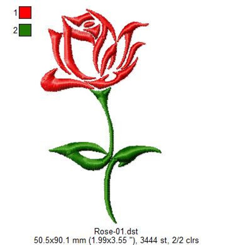 Puede incluir: Una rosa roja con un tallo y hojas verdes. La rosa est&aacute; estilizada con un dise&ntilde;o en espiral. La imagen est&aacute; etiquetada como "Rose-01.dst" e incluye las dimensiones "50,5x90,1 mm (1,99x3,55")", el n&uacute;mero de puntadas "3444 st" y el n&uacute;mero de colores "2/2 clrs".
