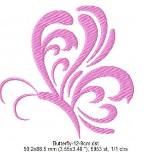 May include: Pink butterfly embroidery design with intricate swirls and curves. The design is 3.55 inches by 3.48 inches and has 5953 stitches.