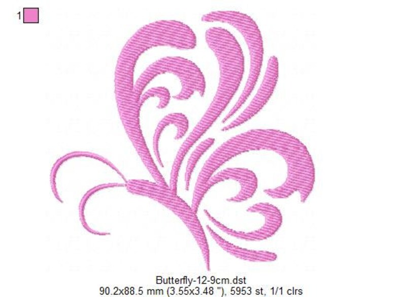 May include: Pink butterfly embroidery design with intricate swirls and curves. The design is 3.55 inches by 3.48 inches and has 5953 stitches.