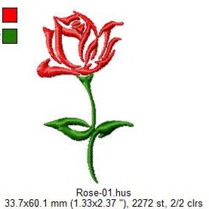 Puede incluir: Una rosa roja con un tallo y hojas verdes. La rosa est&aacute; estilizada con un dise&ntilde;o en forma de llama. La imagen est&aacute; etiquetada como "Rose-01.hus" y mide 33,7 mm por 60,1 mm.