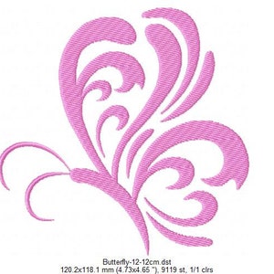 May include: Pink butterfly embroidery design with intricate swirls and curves. The design is 4.73 inches by 4.65 inches and has 9119 stitches.