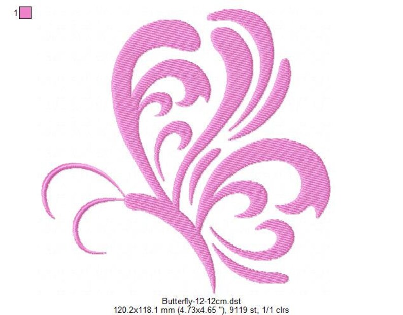 May include: Pink butterfly embroidery design with intricate swirls and curves. The design is 4.73 inches by 4.65 inches and has 9119 stitches.