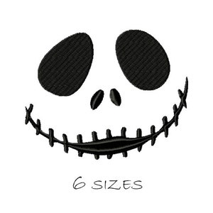 May include: Black and white embroidery design of a stitched-up smiling face with two eyes. The design is available in six sizes.