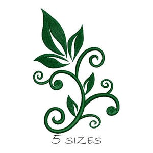 May include: Green embroidered floral design with leaves and swirling vines. The text "5 SIZES" is written in black script below the design. The design is on a white background.
