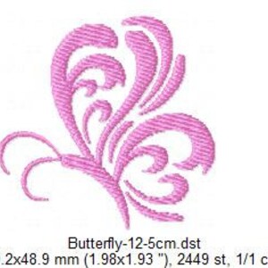 May include: Pink butterfly embroidery design, 12.5 cm, 50.2 x 48.9 mm, 2449 stitches, 1 color.