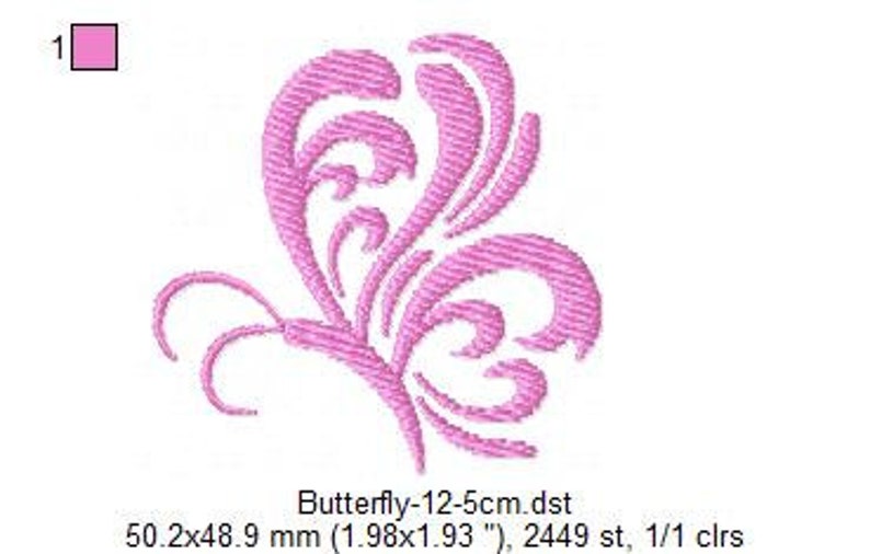 May include: Pink butterfly embroidery design, 12.5 cm, 50.2 x 48.9 mm, 2449 stitches, 1 color.