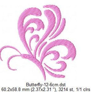 May include: Pink butterfly embroidery design with intricate details. The design is 2.37 inches by 2.31 inches and has 3214 stitches.